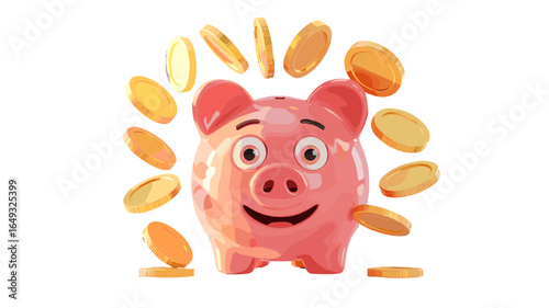 A cute piggy bank surrounded by golden coins, symbolizing saving and financial success.