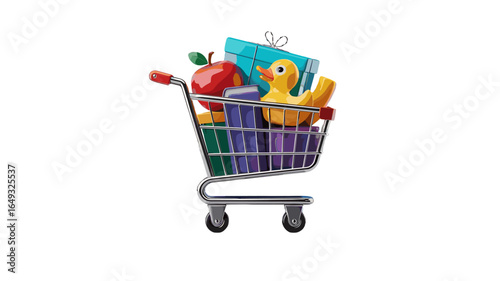 A shopping cart filled with colorful items.
