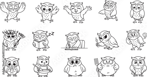 Set of Owl Illustrations in Various Poses