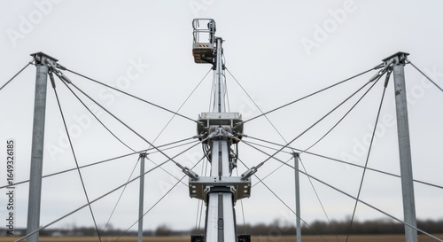 Wideangle shot of mobile mast hoist assembly with intersecting guy wires forming a geometric safety network.