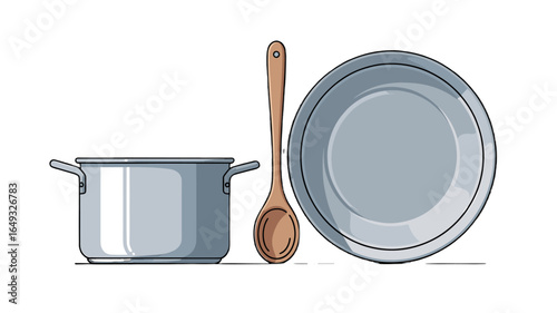 Set of cooking utensils: pot, spoon, and plate.