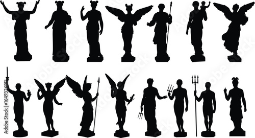 Statue silhouettes, angel statues vector, mythological figures silhouette, trident holder statue, winged statue icons, classical sculpture outlines