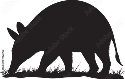 Aardvark Sniffing Body low to the ground, snout extended, sniffing the air or ground. full length silhouette black vector illustration