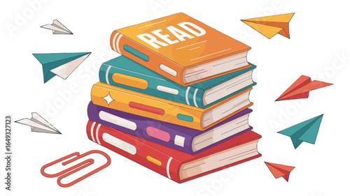 A stack of colorful books and paper airplanes.