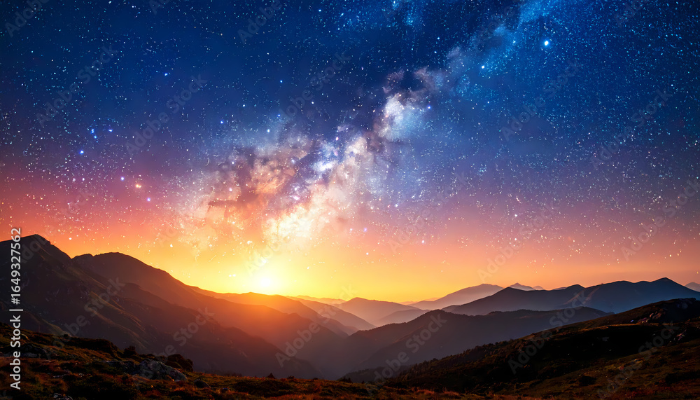 Fototapeta premium Milky way sunrise mountain landscape