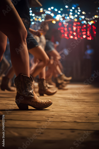 Dancing feet in cowboy boots on wooden floor under colorful lights during a lively country dance event at night