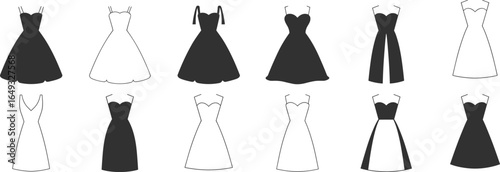 Stylish women dress silhouettes, vector dress collection, flat black and white gown icons, fashion clothing design elements for branding