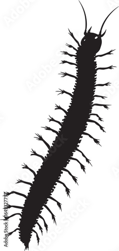 Centipede Ascending a Surface Body angled upward with legs firmly gripping a vertical surface, moving gradually. Full-length silhouette black vector design.