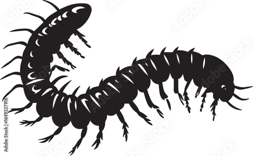 Millipede Resting Body coiled or extended with legs tucked under, stationary. full length silhouette black vector illustration