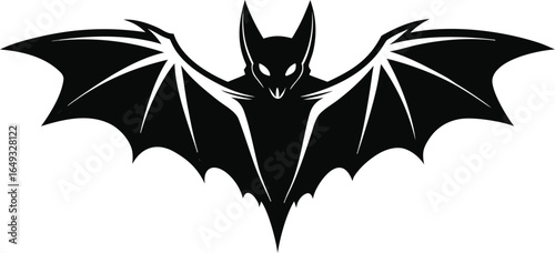 Fierce bat with wings spread wide in black and white illustration