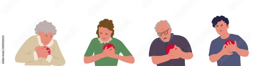Fototapeta premium Elderly and young man and woman raise hand to hold her chest. Concept of heart attack, heartache, chest pain, danger and sickness, symptom of heart disease, health and medicine. 