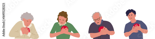Elderly and young man and woman raise hand to hold her chest. Concept of heart attack, heartache, chest pain, danger and sickness, symptom of heart disease, health and medicine. 