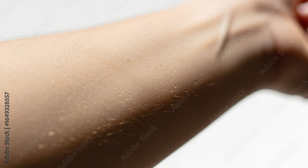 Fototapeta premium Human arm with goosebumps. Close-up of skin texture showing piloerection, a reaction to cold, fear, or strong emotion.