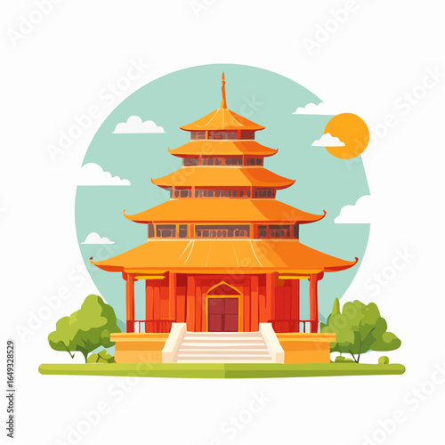 Traditional vector illustration of an ancient Chinese pagoda and temple architecture with a peaceful sky