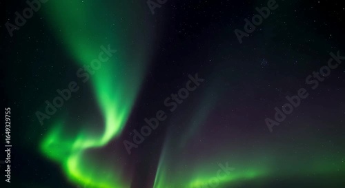 Bright northern lights in green, purple, and blue streaks over night sky, generative ai