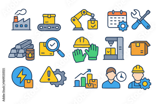 Flat Vector Icons Set Representing Manufacturing and Production Industry, Featuring Factory Equipment, Automation, Raw Materials, Workers, Tools, Safety Gear, Logistics, and Quality Control Elements