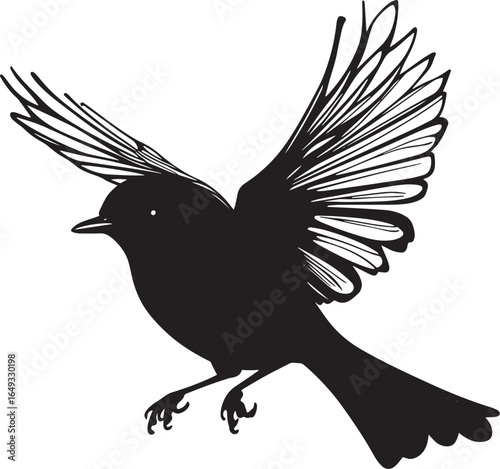 Robin Flying Wings fully spread body in mid-air tail extended legs tucked in. full length silhouette black vector illustration