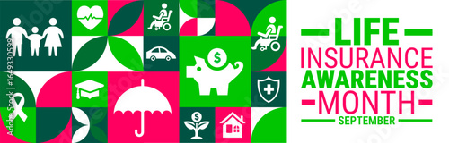 life insurance awareness month Geometric shape pattern background, banner, card or poster design template is observed every year during September, to raise awareness about the mission. Vector