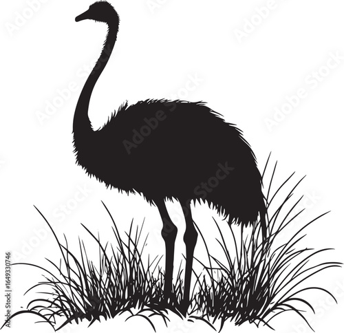 Ostrich lounging positioned close to the earth, legs tucked in, and neck gently arched in a black vector outline.