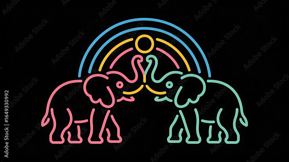 Fototapeta premium A neon sign featuring two elephants with trunks touching under a colorful rainbow.