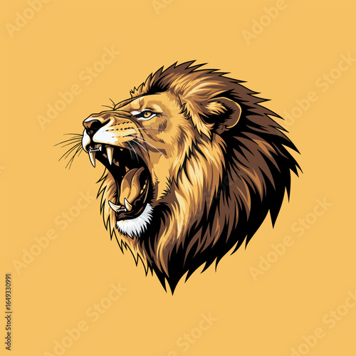 Stylized illustration of a powerful lion's head roaring fiercely, showcasing its detailed mane and open mouth on a warm background.
