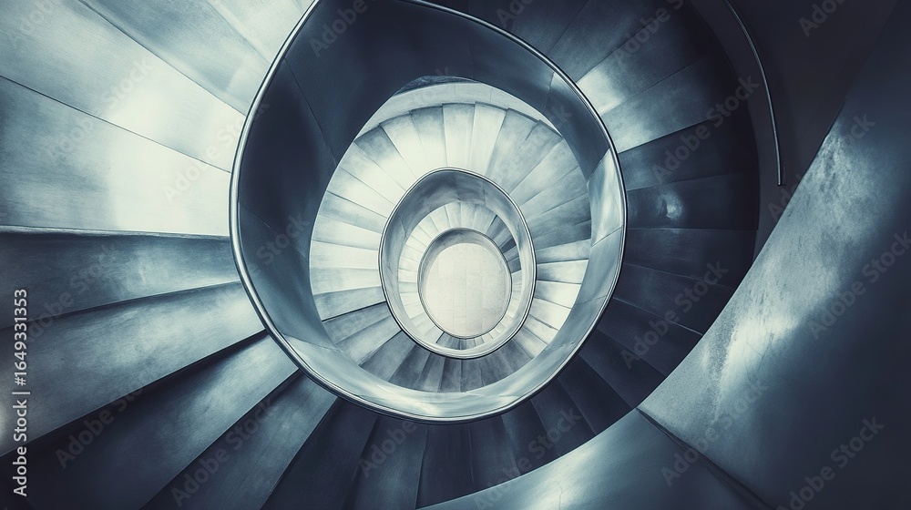 Fototapeta premium An aerial shot of a spiral staircase in a modern building, looking straight down to create a hypnotic geometric pattern.