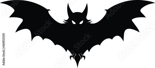 Fierce bat with wings spread wide in black and white illustration