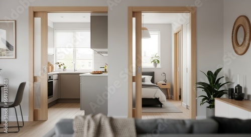 Visual tour through a compact apartment featuring multiple pocketdoor frame retrofits maximizing limited living space efficiency.