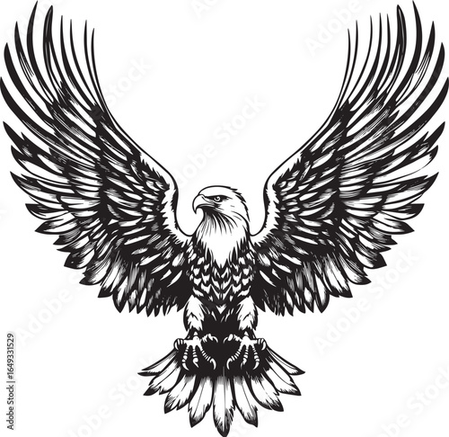 Eagle Hunting Wings partially spread body angled downward talons extended for prey. full length silhouette black vector illustration