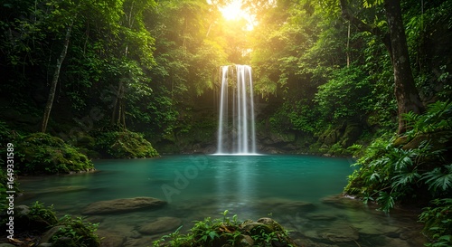 Fototapeta Naklejka Na Ścianę i Meble -  Sunlight waterfall in lush green tropical forest