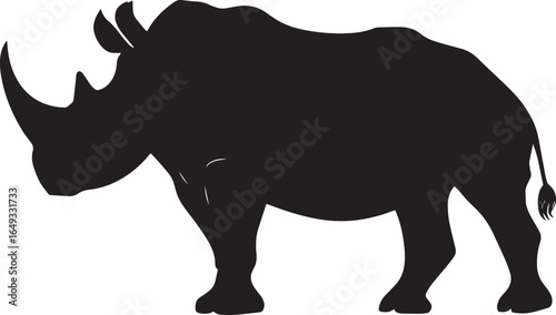 Rhino Charging Body lowered, head thrust forward, legs extended, tail lifted, black silhouette vector.