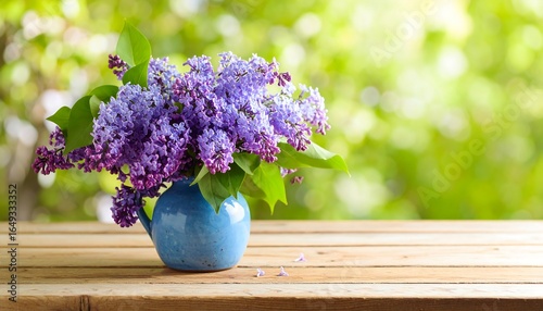 Lilac bouquet in blue vase on wooden table