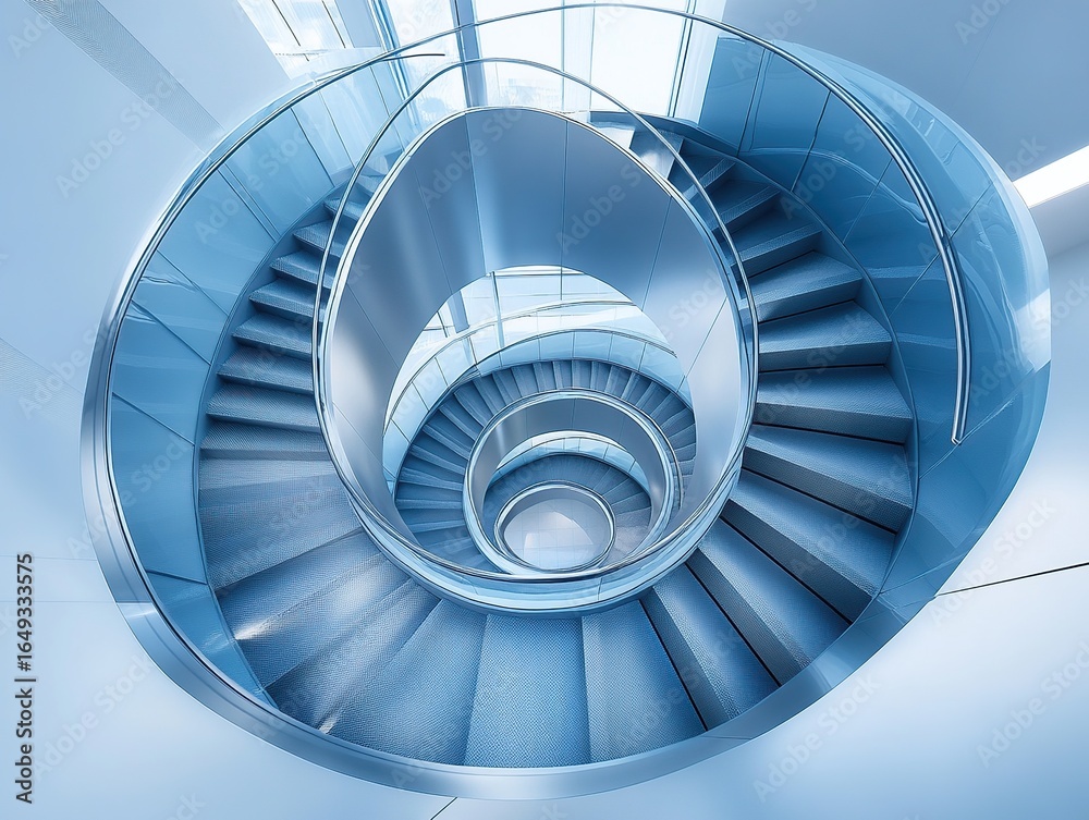 Fototapeta premium An aerial shot of a spiral staircase in a modern building, looking straight down to create a hypnotic geometric pattern.