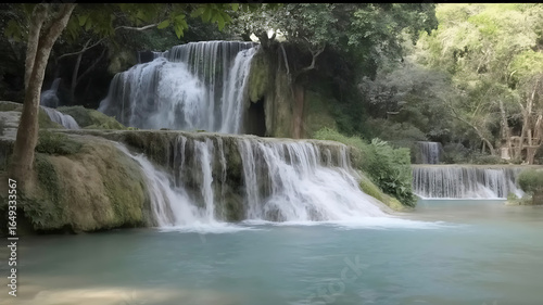 A tiered waterfall cascading into a turquoise pool surrounded by lush green foliage.