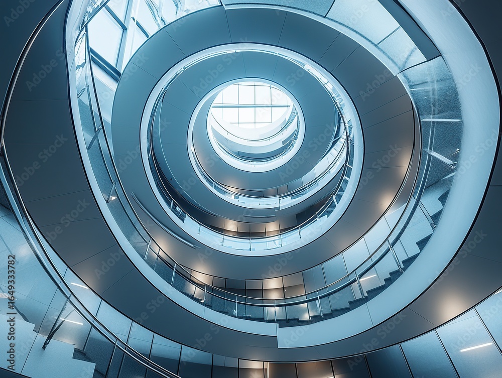 Fototapeta premium An aerial shot of a spiral staircase in a modern building, looking straight down to create a hypnotic geometric pattern.