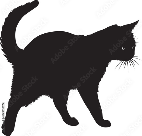 Cat on the Prowl Silhouette A cat advancing quietly, belly low to the ground as it stalks, complete black vector silhouette design.