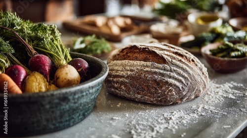 Rustic loaf of bread and assorted vegetables on a kitchen counter