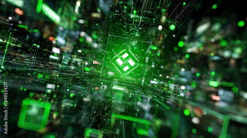 Cyber city livestream hub with neon green screen encircling holographic product stage, AI host floating commentary, real-time bullet comments and sales data wall as dynamic background, multi-platform 