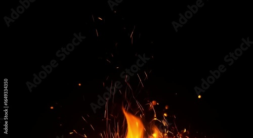 Glowing orange fire sparks on black background, high contrast, generative ai