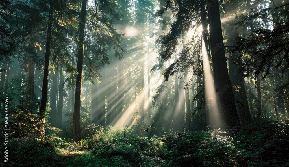 Obraz premium Sunlight streams through a dense, misty forest