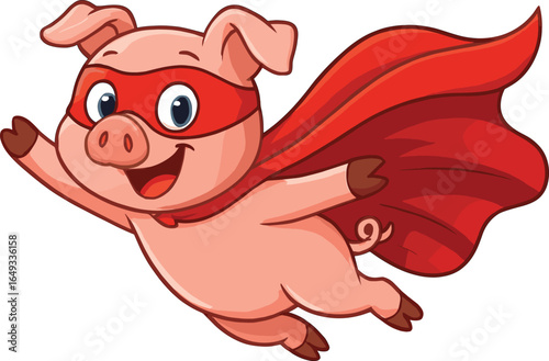 Happy Flying Super Pig Superhero Mascot Cartoon Illustration - a charming and cheerful illustration of a flying superhero pig, perfect for children's designs and animal themes.