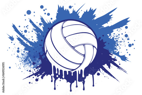 Volleyball graphic with blue paint splatter design on a white background