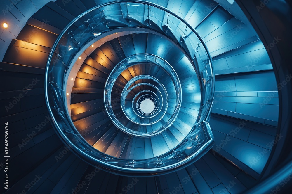 Fototapeta premium An aerial shot of a spiral staircase in a modern building, looking straight down to create a hypnotic geometric pattern.