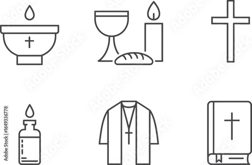 Christian Religious Symbol Line Art Icons Set on White Background, Church elements