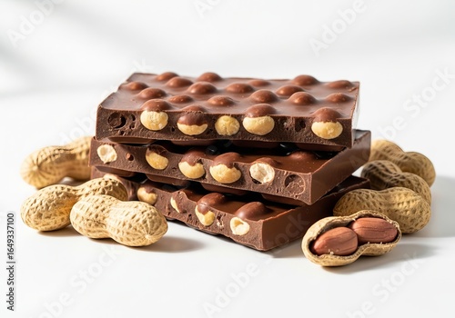 Delicious chocolate bars with peanuts and hazelnuts on a white background