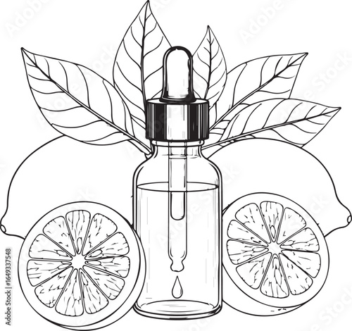 Aesthetic line drawing of a dropper bottle filled with citrus oil surrounded by lemons and leaves perfect for skincare and aromatherapy promotion