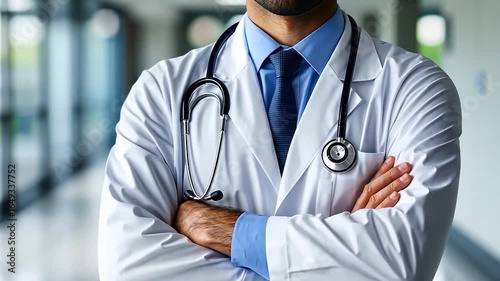 A medical professional in a white coat with a stethoscope, arms crossed in a clinical setting.
