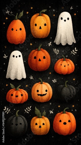 Colorful Halloween pumpkins and ghosts arranged in a whimsical pattern against a dark background during autumn festivities
