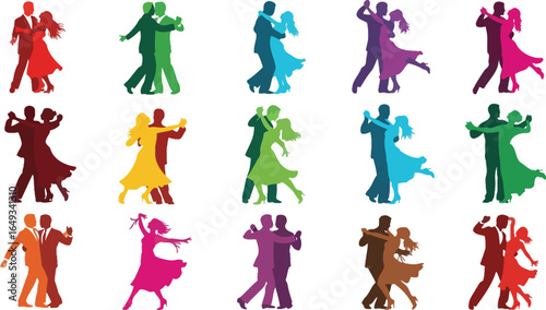 Colorful dancing couples silhouettes in various poses on white background