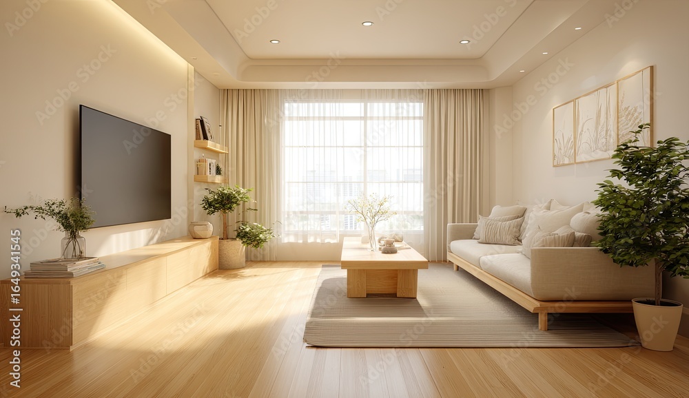Fototapeta premium Modern beige living room interior